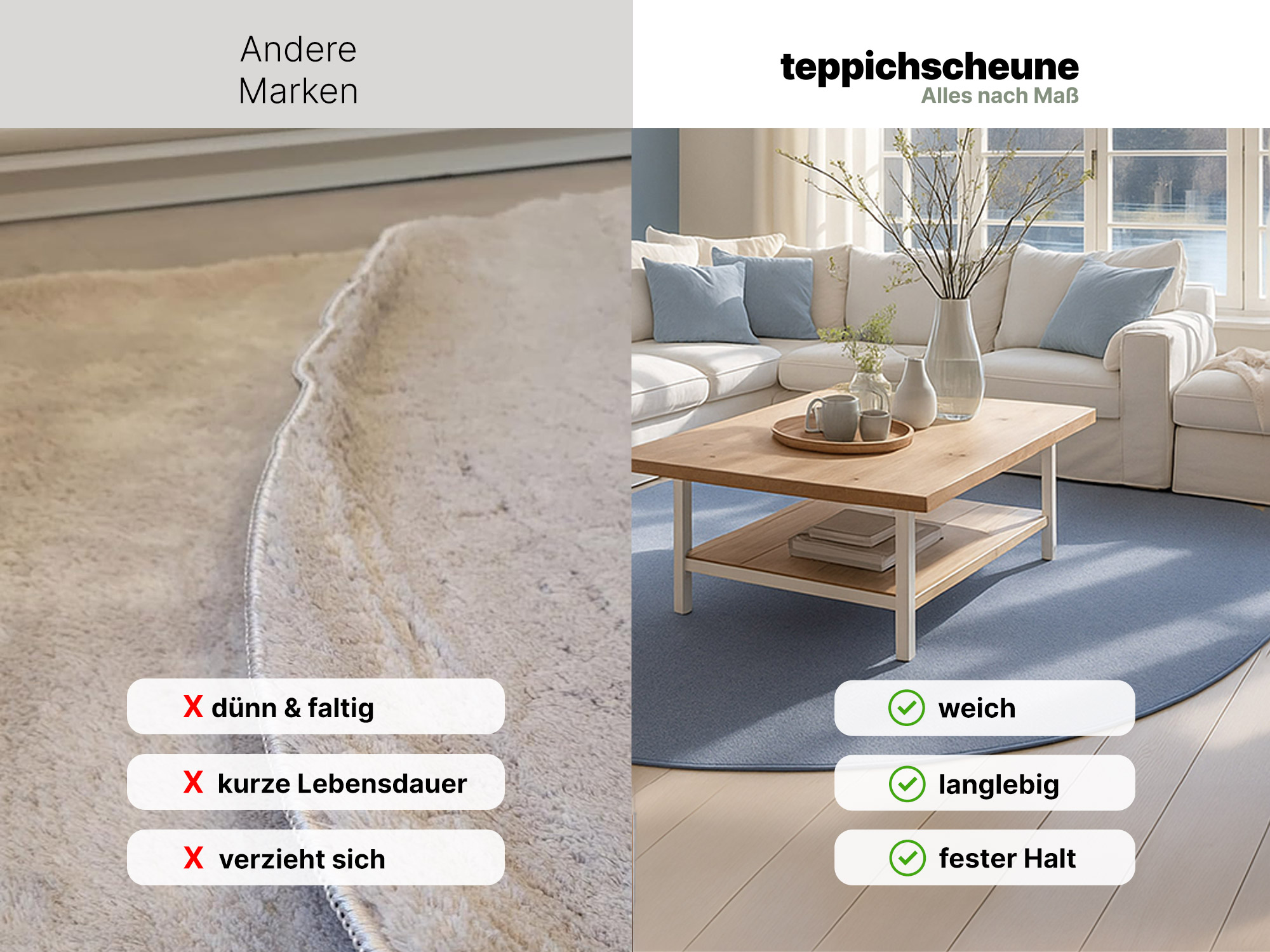 Vergleichsbild Ruxedo Kurzflorteppich mit anderen Marken: links dünner, faltiger Teppich; rechts Teppichscheune Teppich in Blau – weich, langlebig und fester Halt