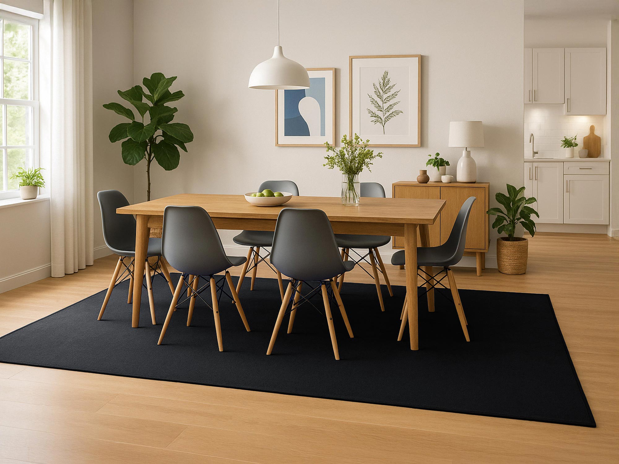 Modernes Esszimmer mit rechteckigem Kurzflorteppich Mauro Uni in Anthrazitgrau von Ruxedo unter Holztisch und grauen Stühlen