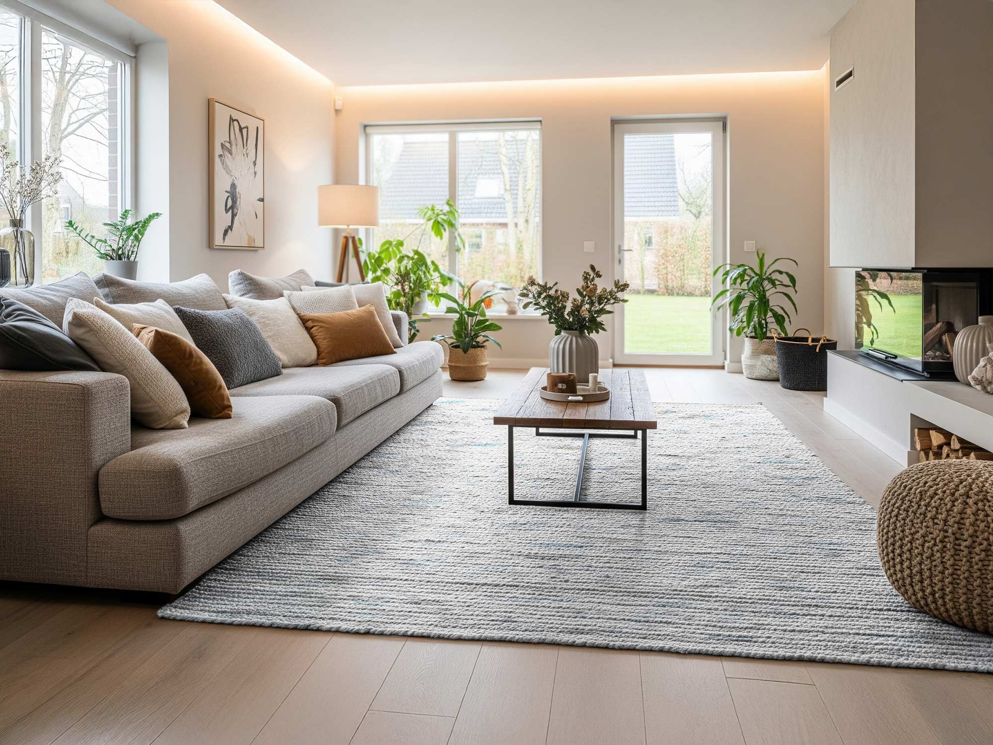 Helles Wohnzimmer mit großem Ruxedo-Handwebteppich Grönland Flame aus hellgrauer Schurwolle, kombiniert mit beiger Couch und Holzelementen