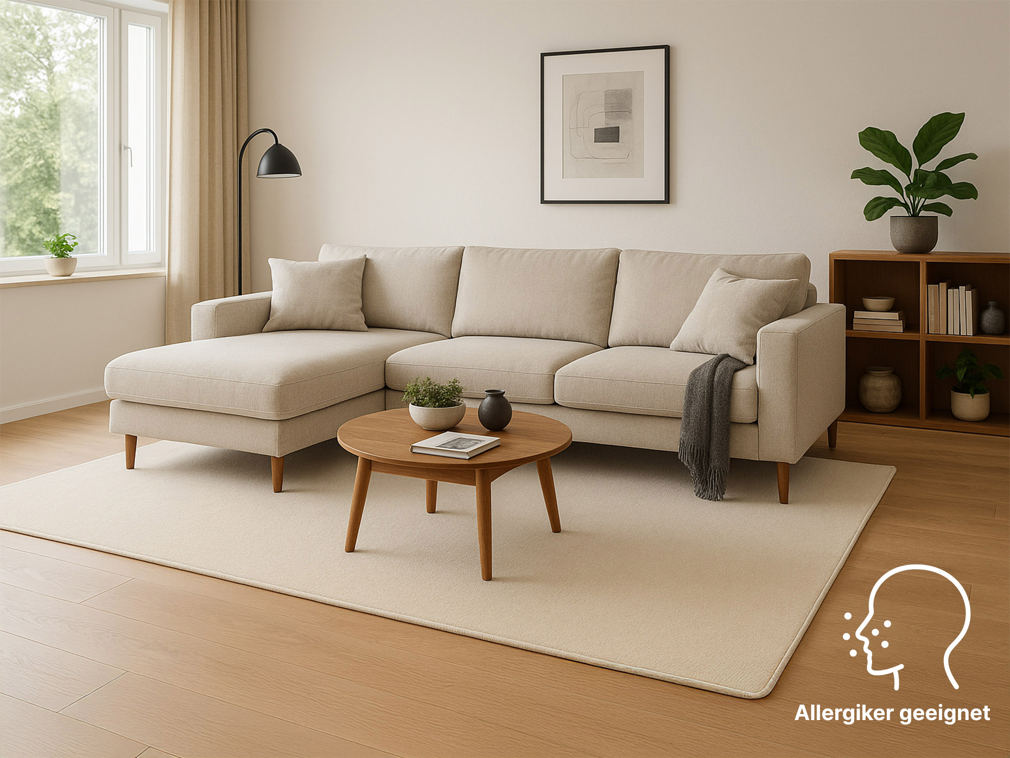 Helles Wohnzimmer mit beigem Sofa und rechteckigem Kurzflorteppich Mauro Uni in Hellbeige von Teppichscheune, allergikergeeignet