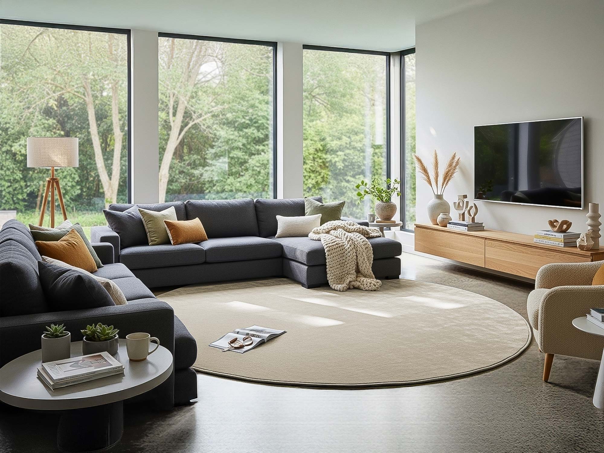 Wohnzimmer mit beigem Hochflorteppich Cecilia von Ruxedo, gepaspelt in Farbe Hermelin, unter grauer Sofalandschaft mit großen Fenstern